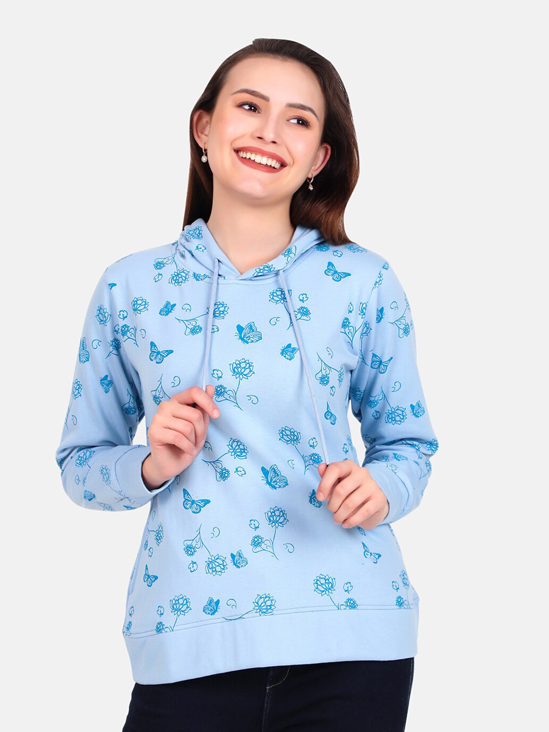 

WELL QUALITY Women Printed Hooded Sweatshirt, Blue
