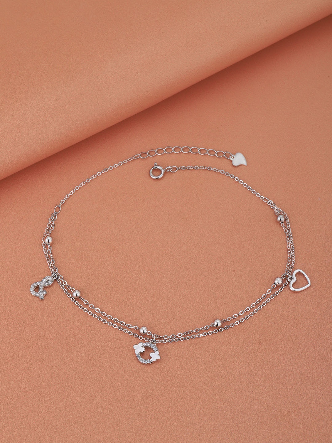 

VANBELLE 925 Sterling Silver Rhodium Plated with CZ Heart Double Chain Anklet