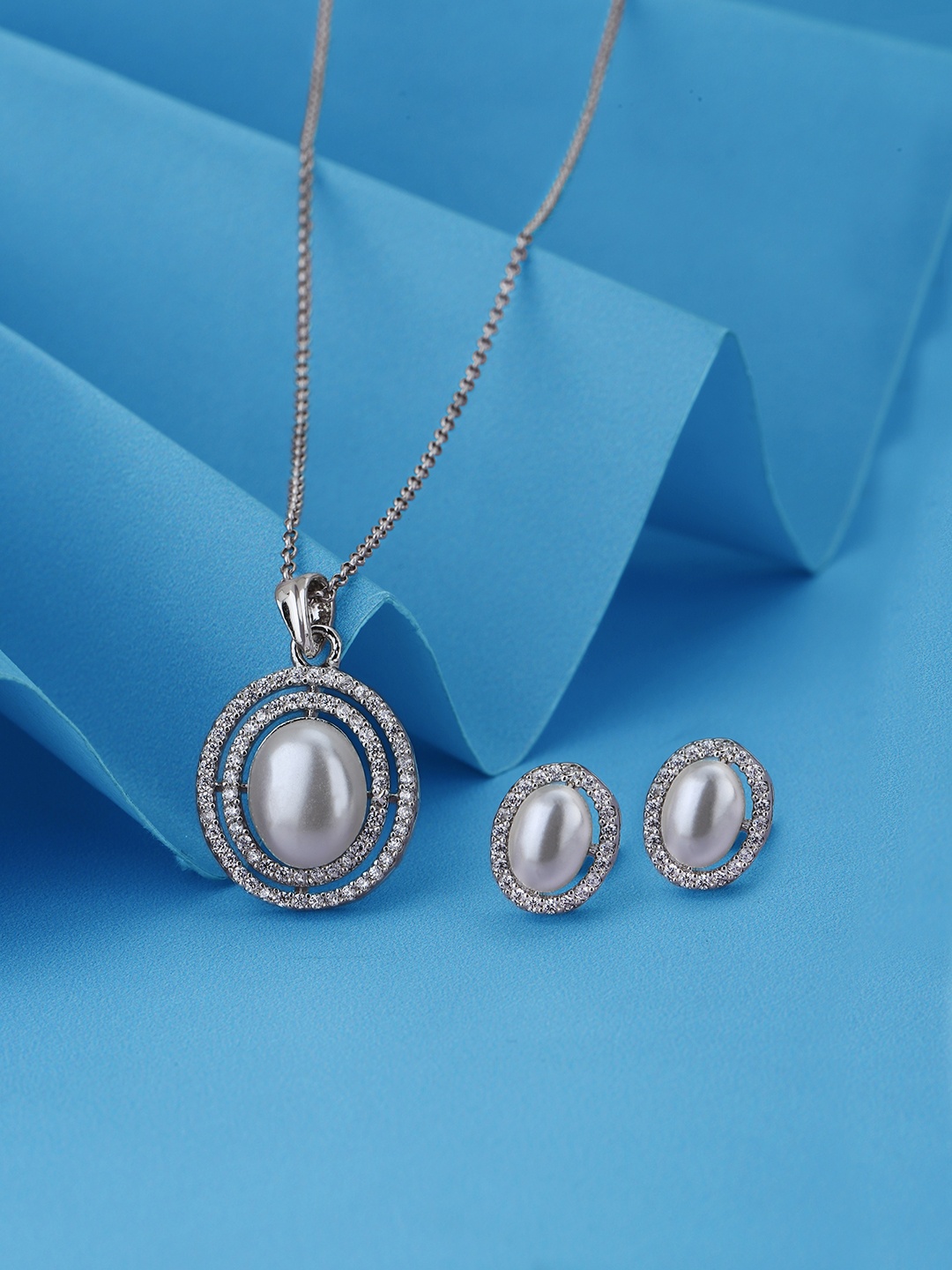 

VANBELLE Sterling Silver Rhodium Plated CZ & Pearl Studded Jewellery Set