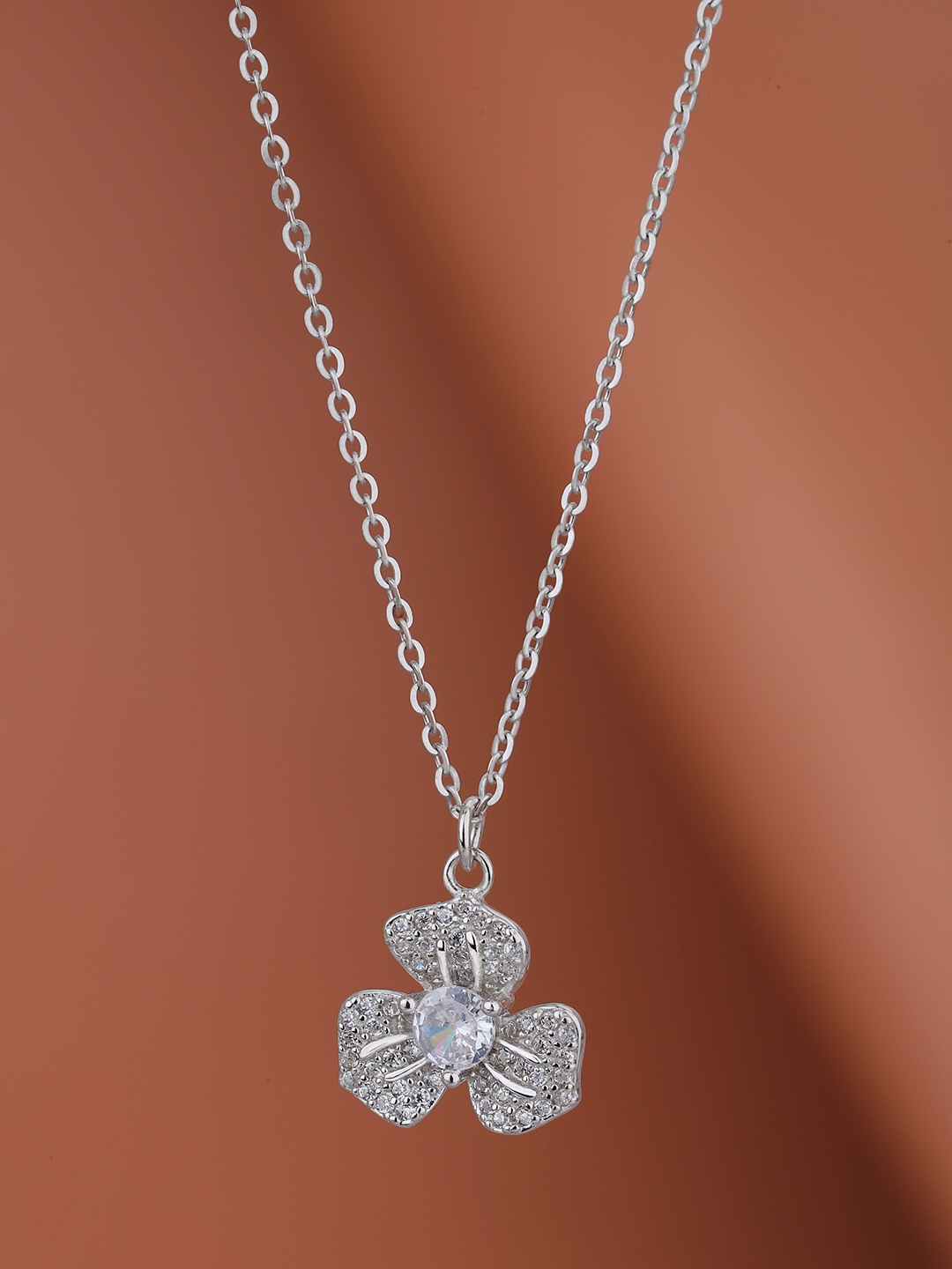 

VANBELLE Women 925 Sterling Silver Rhodium Plated with CZ Floral Pendant & Chain