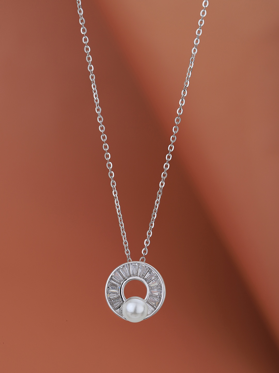 

VANBELLE Women 925 Sterling Silver Rhodium Plated CZ with Pearl Circular Pendant & Chain