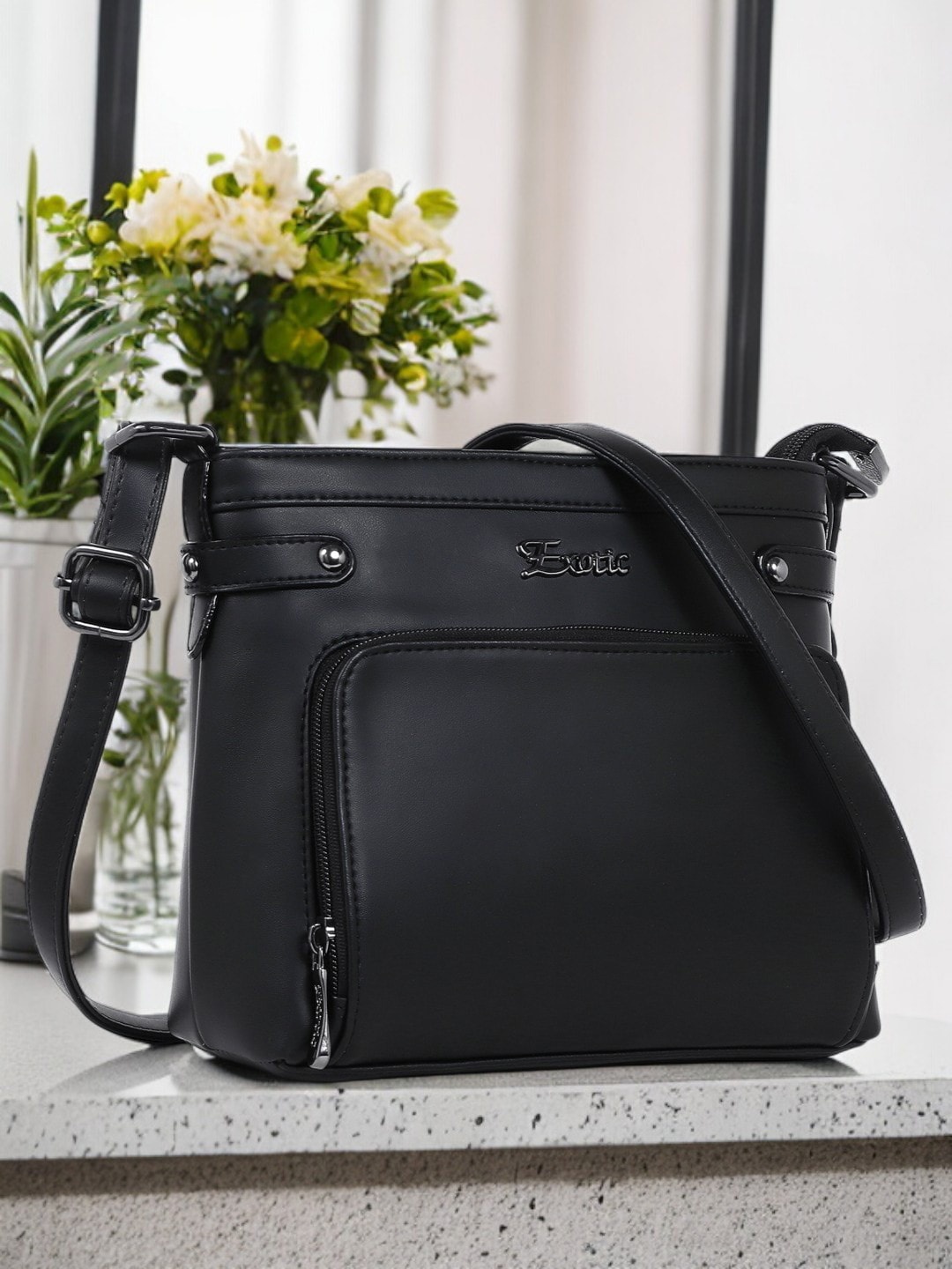 

Exotic Floral Embellished PU Structured Tote Bag, Black