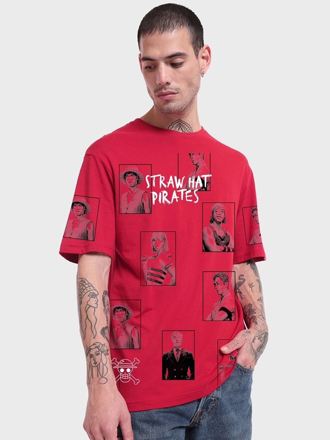 Bewakoof One Piece King Of Pirates Graphic Oversized T-shirt, Red