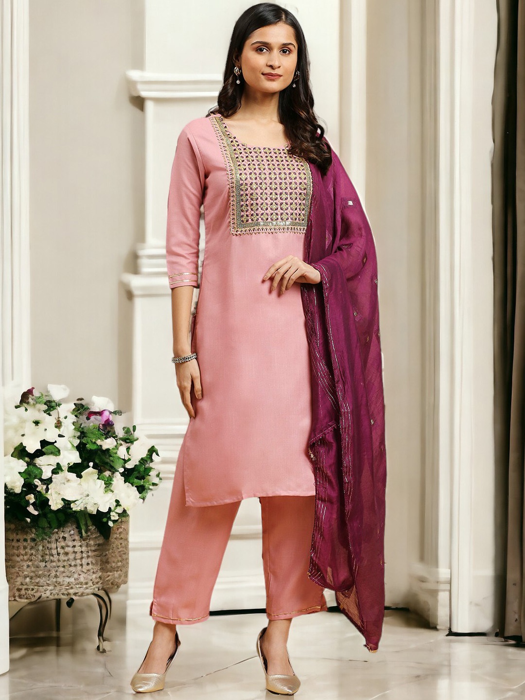 

MORLY Women Embroidered Regular Kurta with Trousers & With Dupatta, Pink