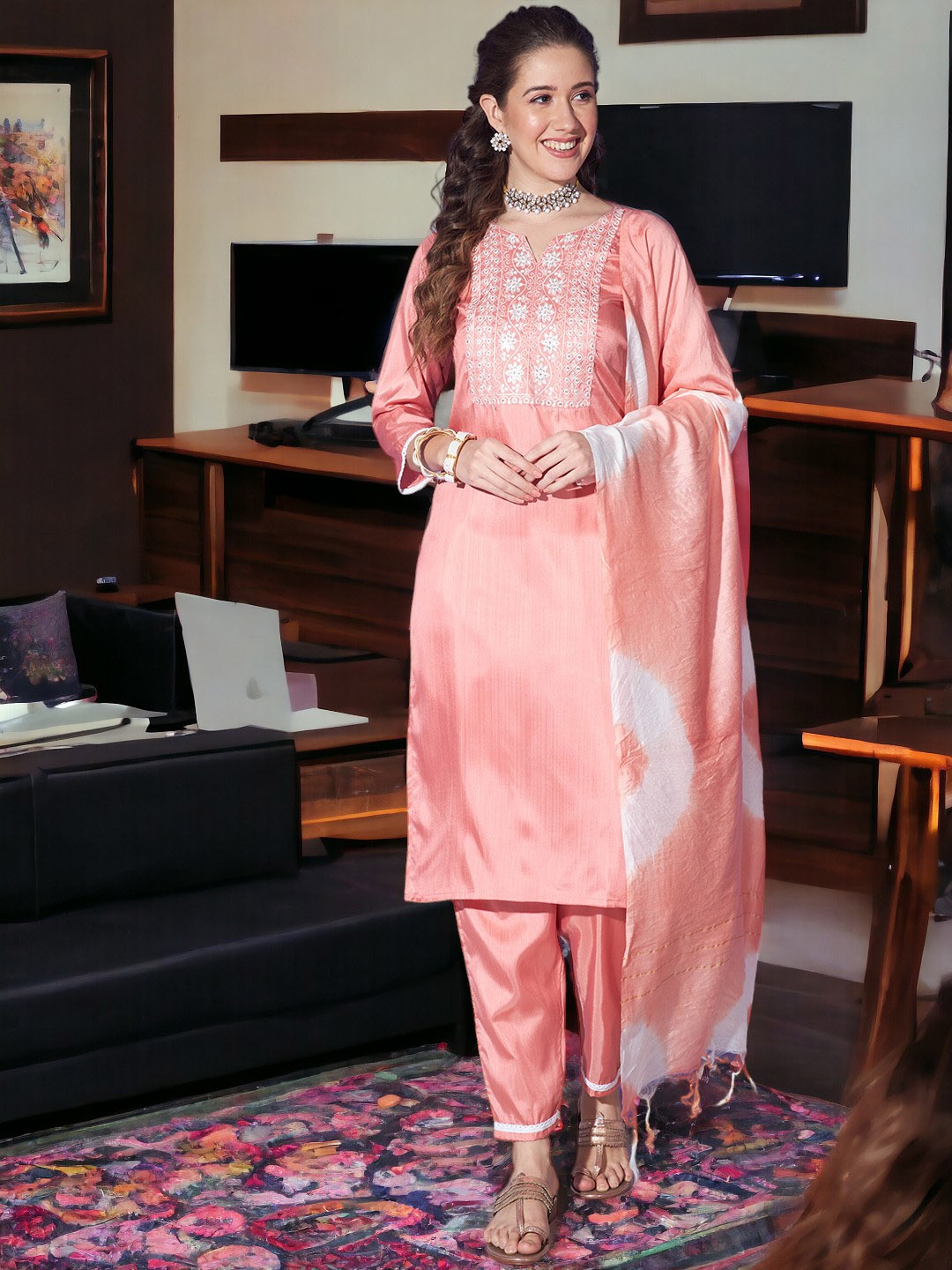 

MORLY Women Ethnic Motifs Yoke Design Regular Thread Work Kurta with Trousers & With Dupatta, Peach
