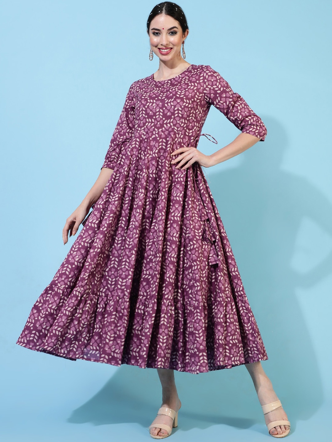 

GULMOHAR JAIPUR Women Printed Keyhole Neck Flared Sleeves Mirror Work Anarkali Kurta, Purple