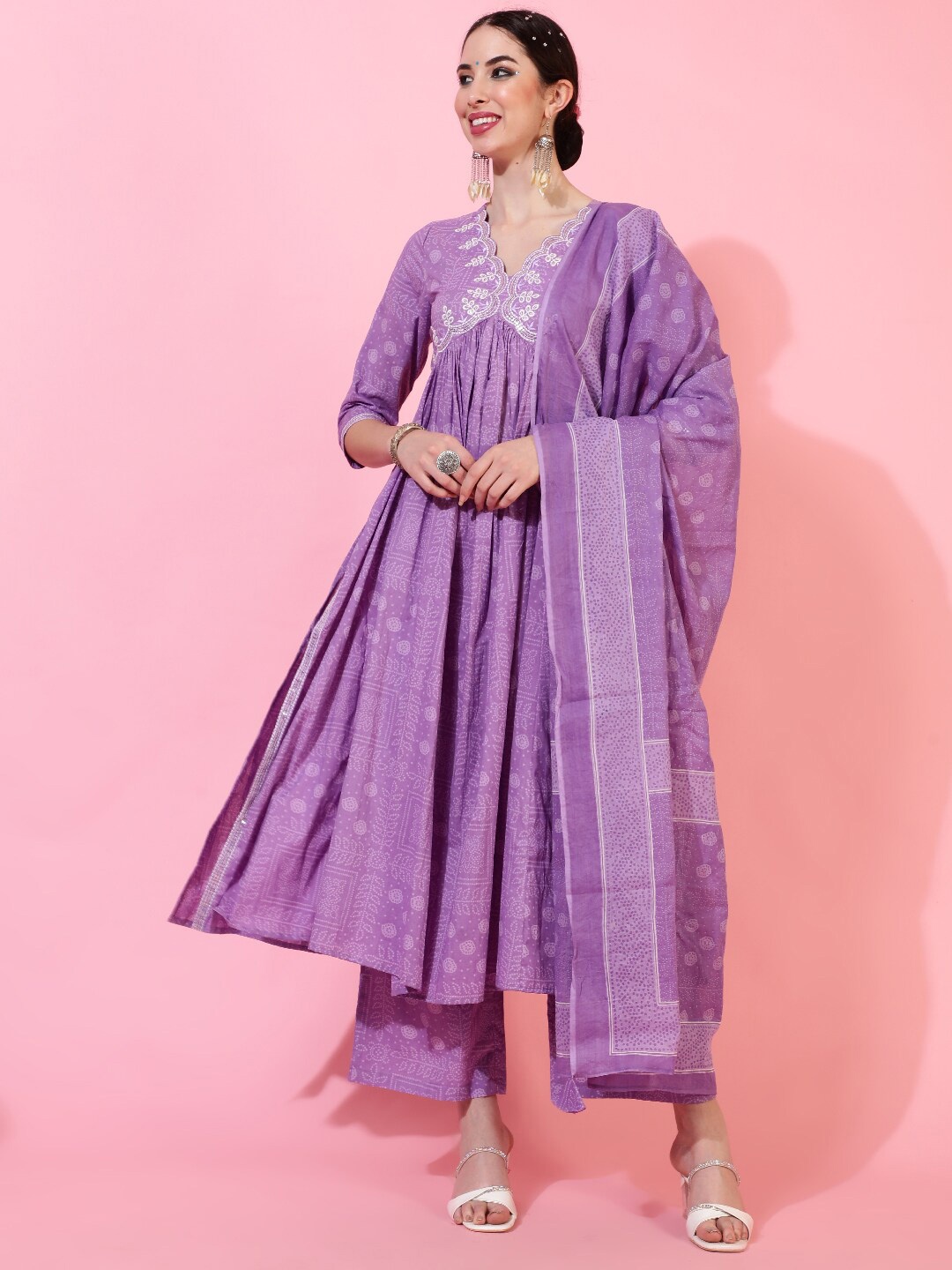 

GULMOHAR JAIPUR Women Ethnic Motifs Printed Empire Thread Work Pure Cotton Kurta with Palazzos & With Dupatta, Lavender