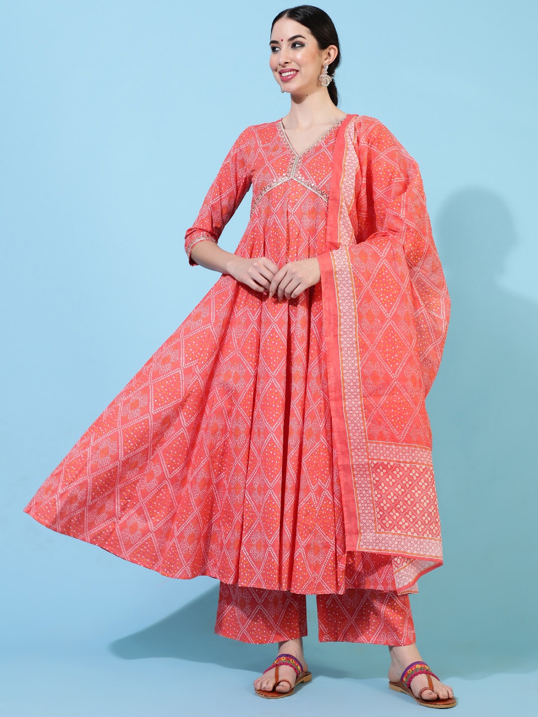 

GULMOHAR JAIPUR Women Ethnic Motifs Printed Empire Thread Work Pure Cotton Kurta with Palazzos & With Dupatta, Peach