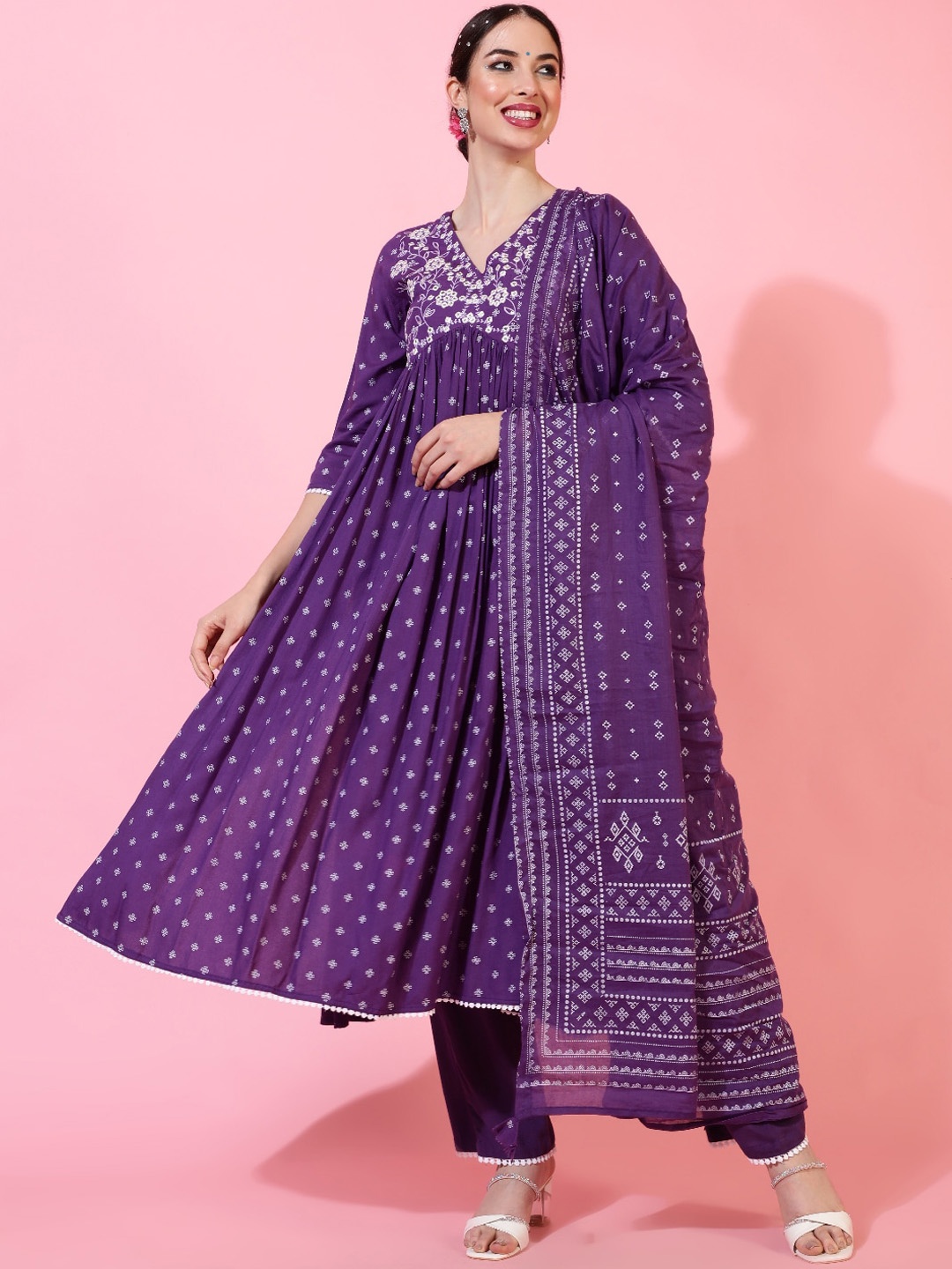 

GULMOHAR JAIPUR Women Floral Printed Regular Mirror Work Kurta with Trousers & With Dupatta, Purple