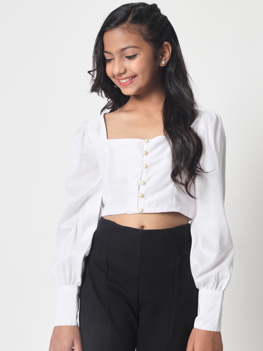 

studio rasa Girls Cuffed Sleeves Shirt Style Crop Top, White