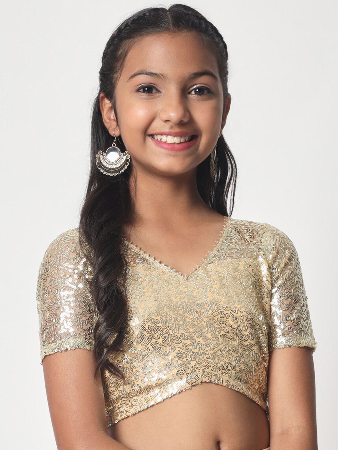 

studio rasa Girls Embellished V-Neck Sequinned Net Fitted Crop Top, Gold