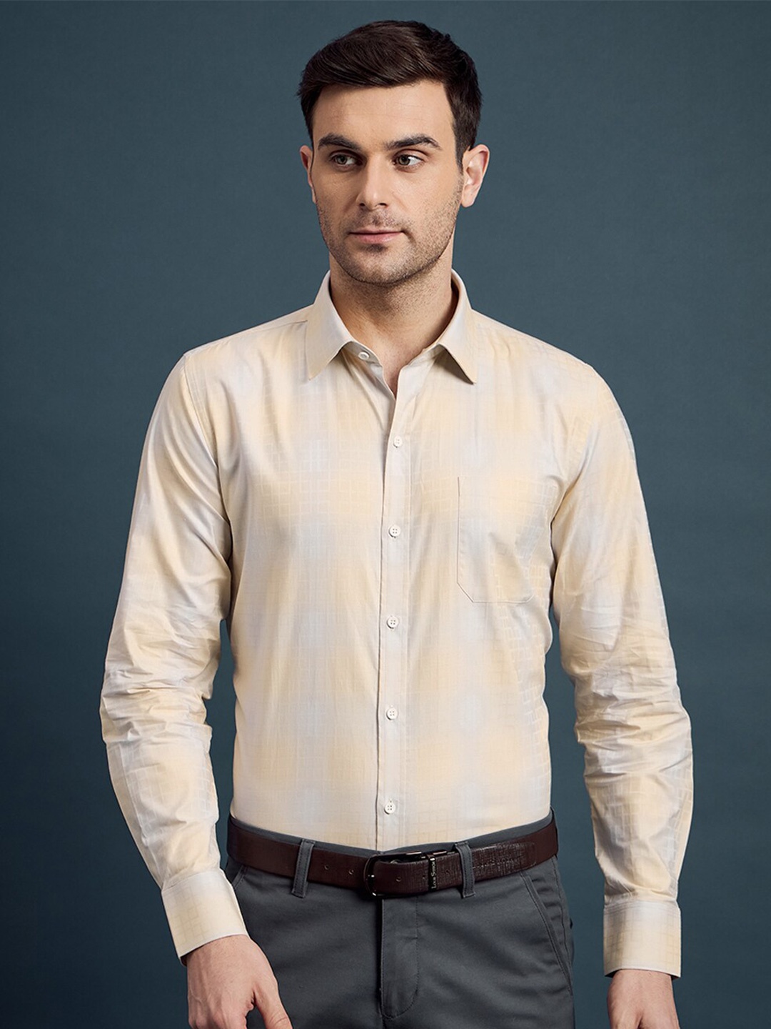 

LOUIS STITCH Comfort Regular Fit Checked Spread Collar Pure Cotton Formal Shirt, Yellow