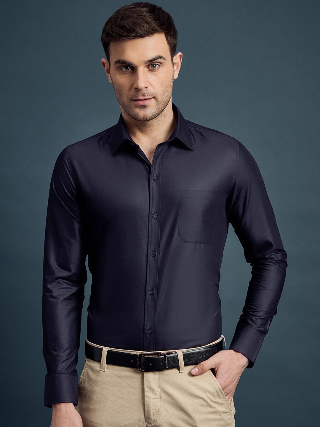 

LOUIS STITCH India Slim Fit Spread Collar Long Sleeves Formal Shirt, Navy blue
