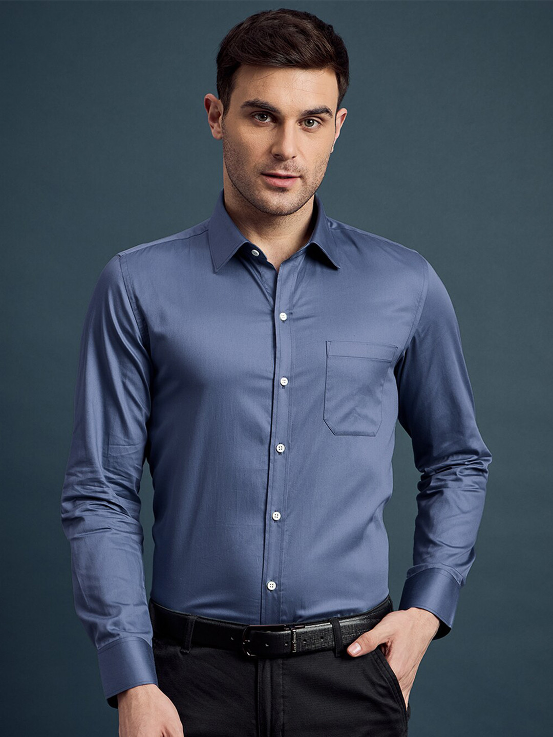 

LOUIS STITCH Comfort Fit Spread Collar Long Sleeves Cotton Formal Shirt, Blue