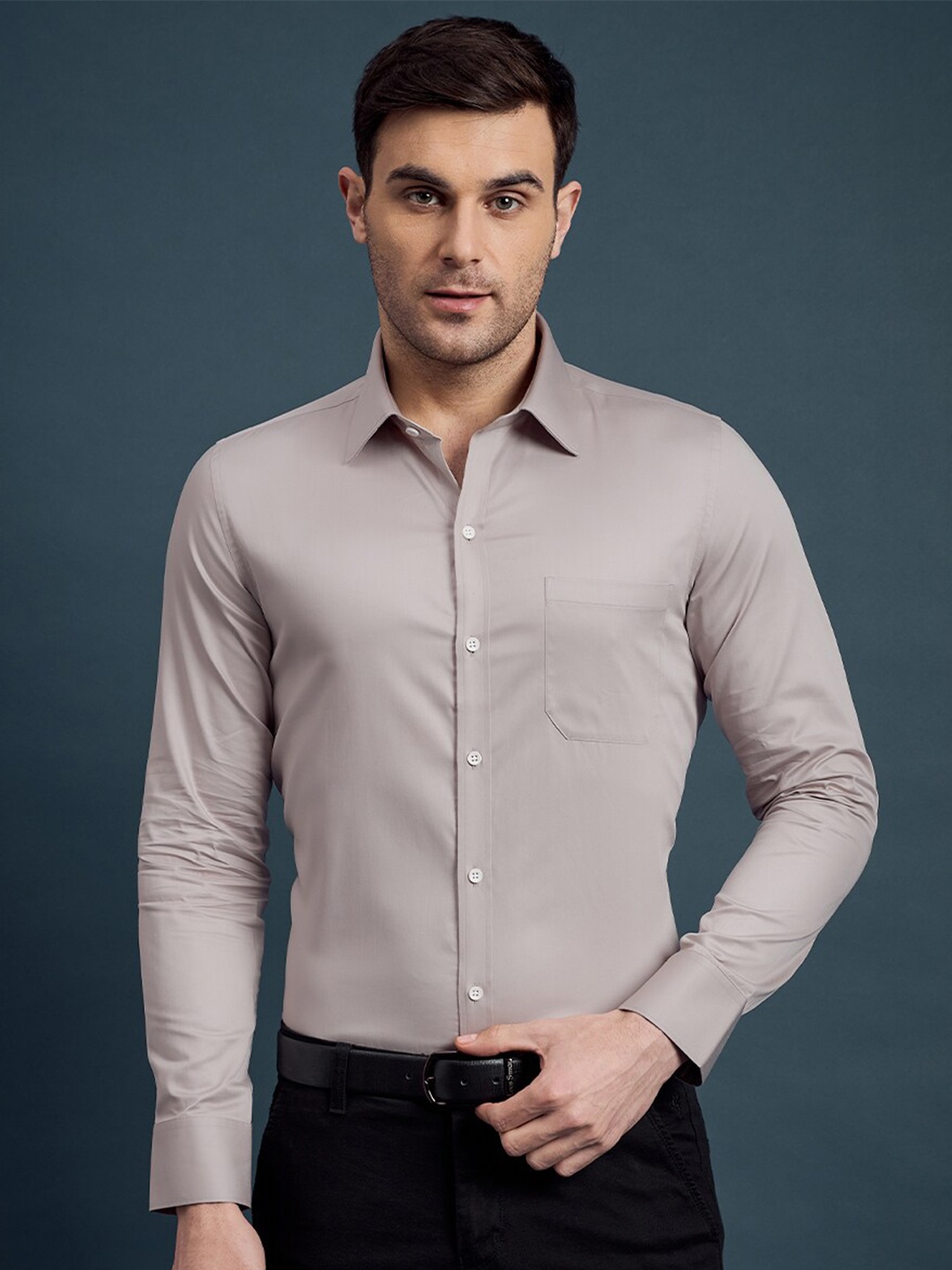 

LOUIS STITCH India Slim Spread Collar Cotton Curved Slim Fit Formal Shirt, Grey