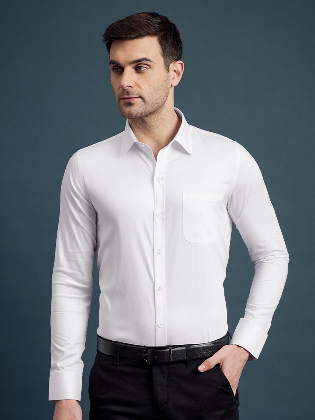 

LOUIS STITCH India Slim Cotton Slim Fit Spread Collar Curved Formal Shirt, White