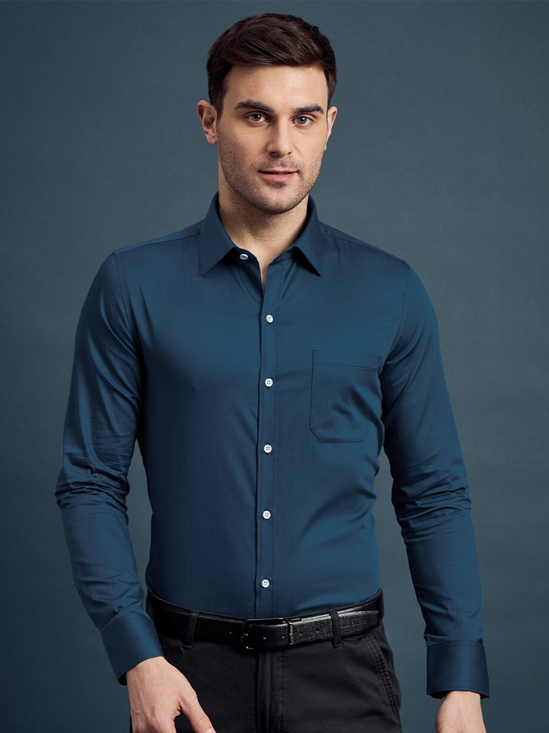 

LOUIS STITCH India Slim Cotton Slim Fit Spread Collar Curved Formal Shirt, Teal