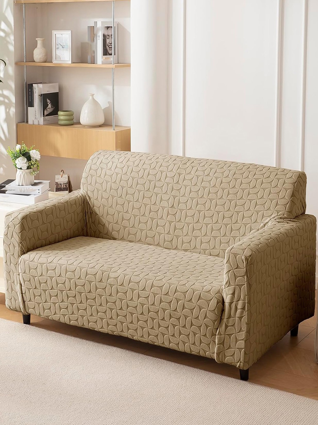 

HOUSE OF QUIRK Jacquard 1 Piece Double Seater Sofa Cover With Arms, Camel brown