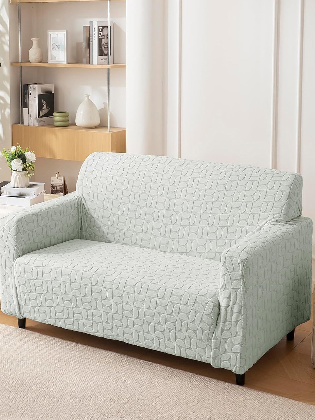 

HOUSE OF QUIRK 1 Piece Triple Seater Jacquard Sofa Cover With Arms, Sea green