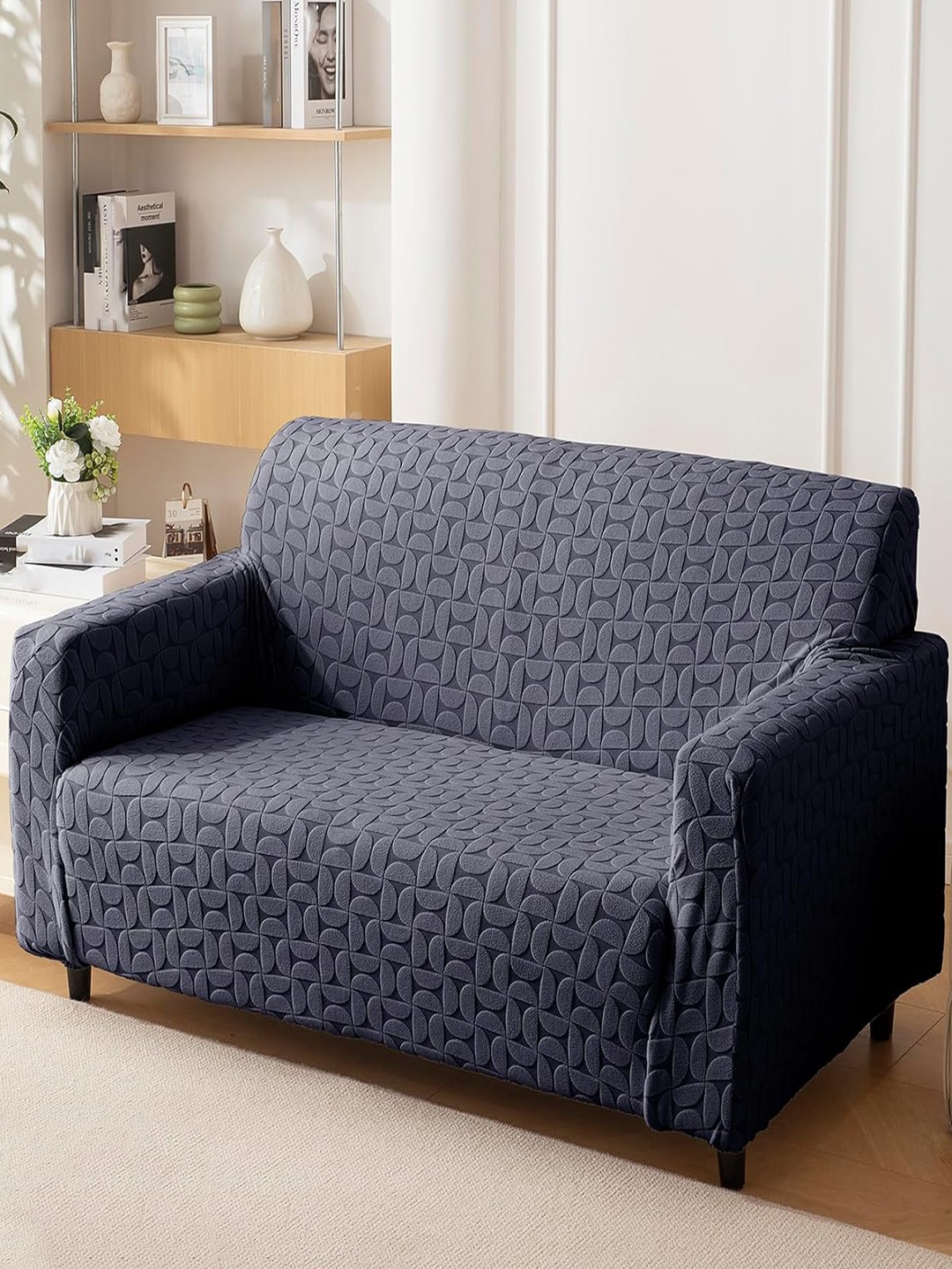 

HOUSE OF QUIRK Jacquard 1 Piece Double Seater Sofa Cover With Arms, Charcoal