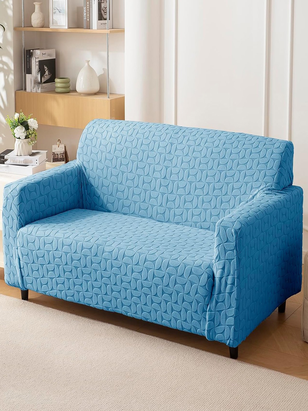 

HOUSE OF QUIRK Jacquard 1 Piece Double Seater Sofa Cover With Arms, Blue