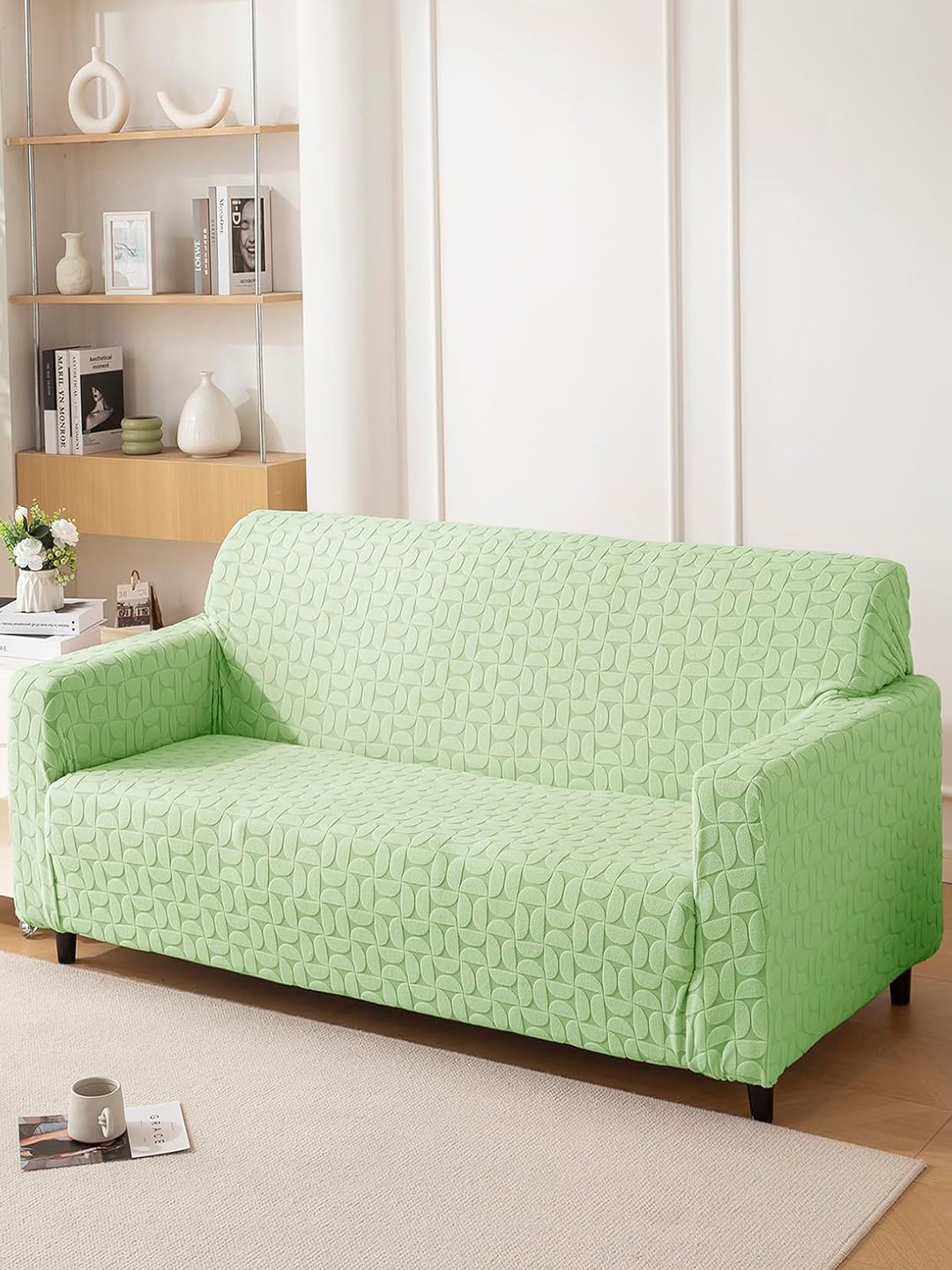 

HOUSE OF QUIRK Jacquard 1 Piece Four Seater Sofa Cover With Arms, Green