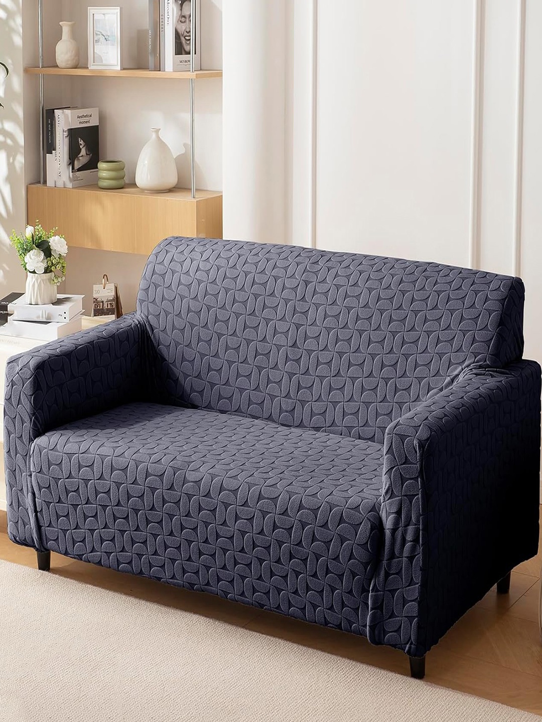 

HOUSE OF QUIRK Jacquard 1 Piece Triple Seater Sofa Cover With Arms, Charcoal