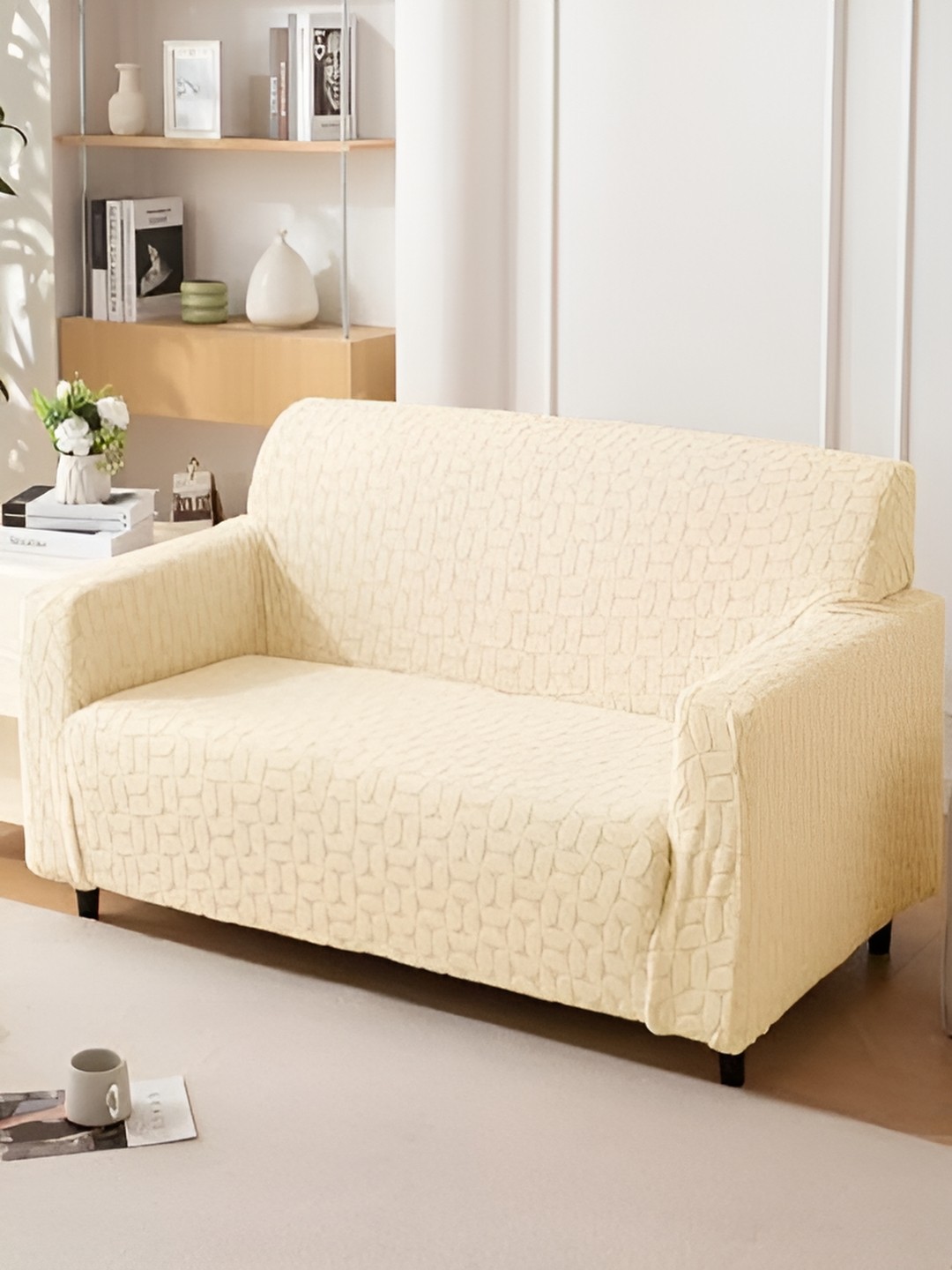 

HOUSE OF QUIRK Jacquard 1 Piece Triple Seater Sofa Cover With Arms, Beige