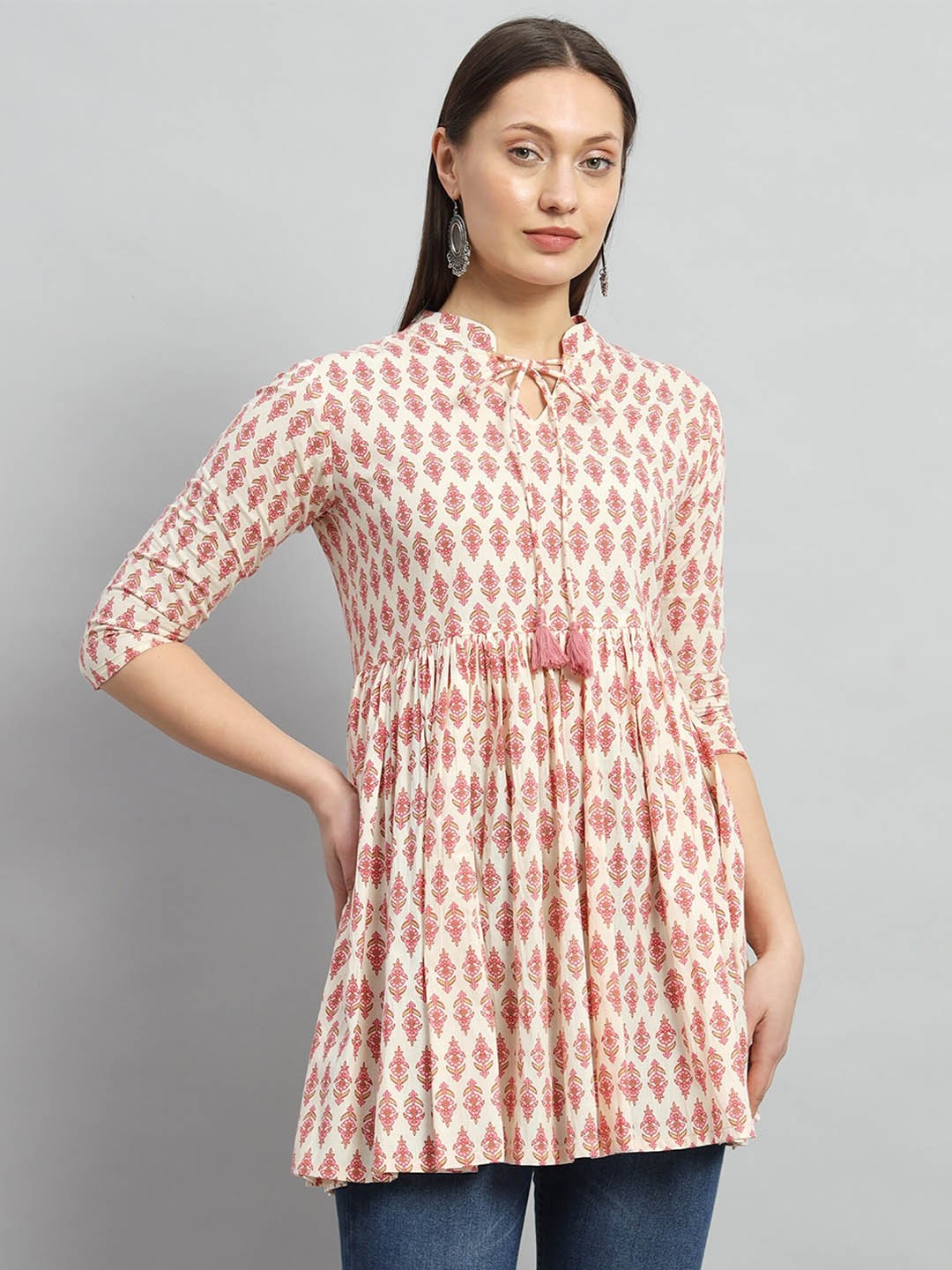 

Gujari Tie Up Neck Geometric Print Cotton Shirt Style Casual Top, Pink