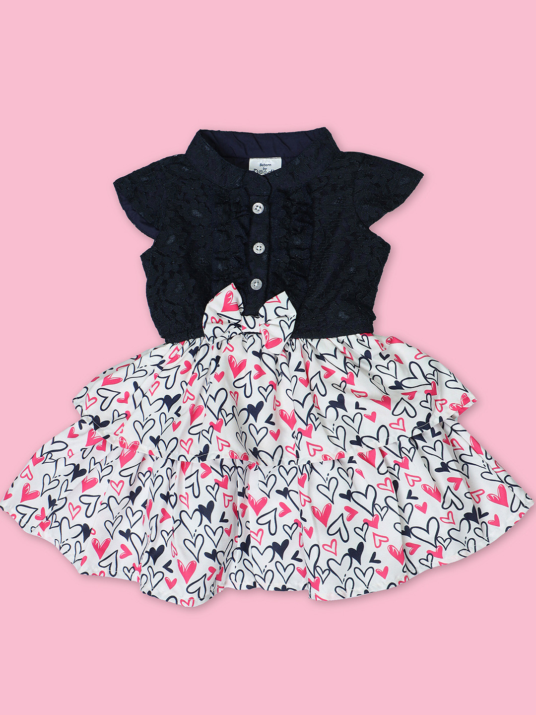 

Doodle Girls Conversational Printed Mandarin Collar Cap Sleeves Satin Fit & Flare Dress, Navy blue