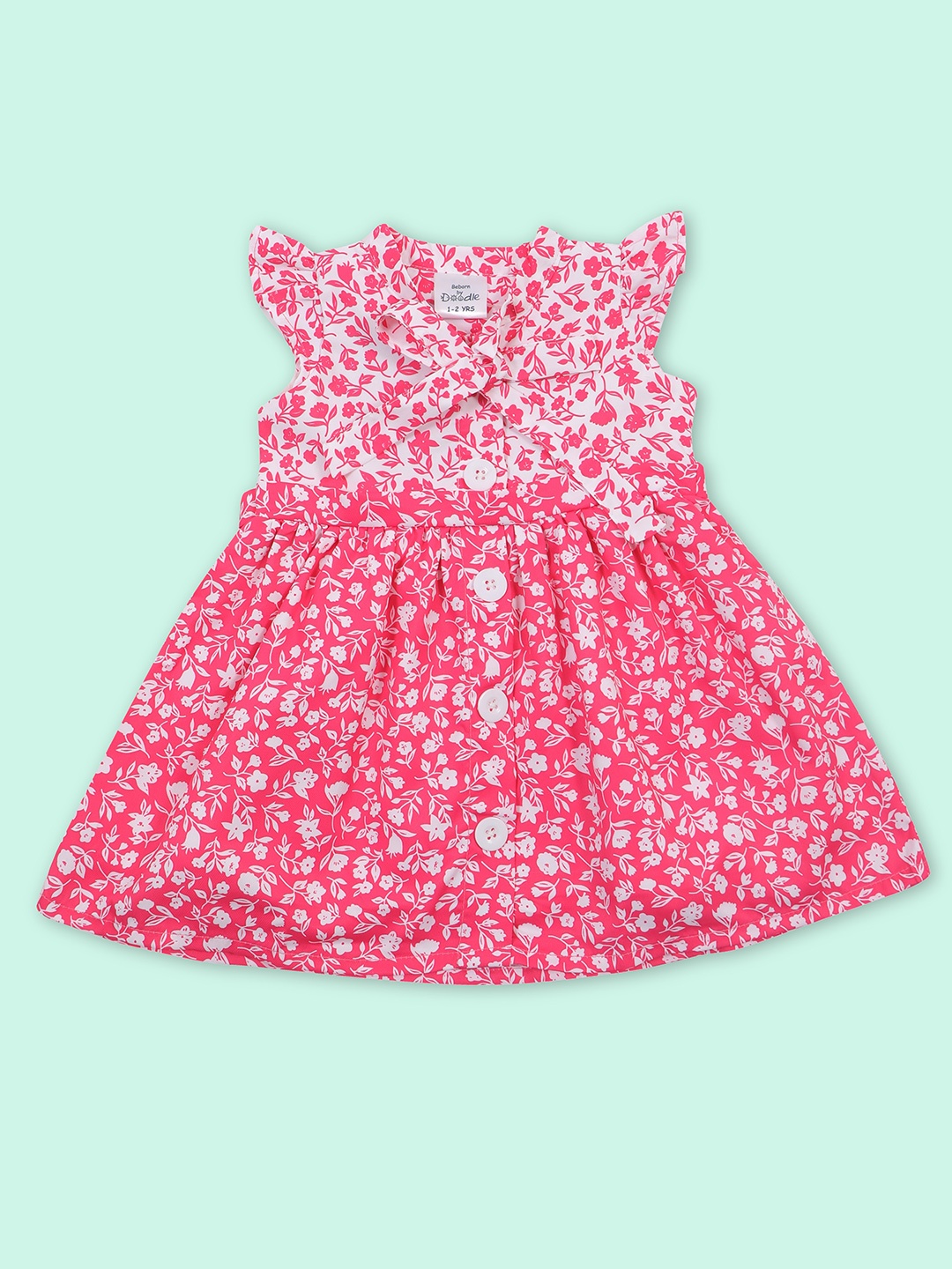 

Doodle Girls Floral Printed Tie-Up Neck Satin Fit & Flare Dress, Pink