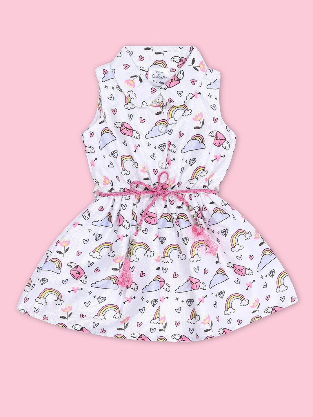 

Doodle Girls Conversational Print Peter Pan Collar Satin Fit & Flare Dress, White