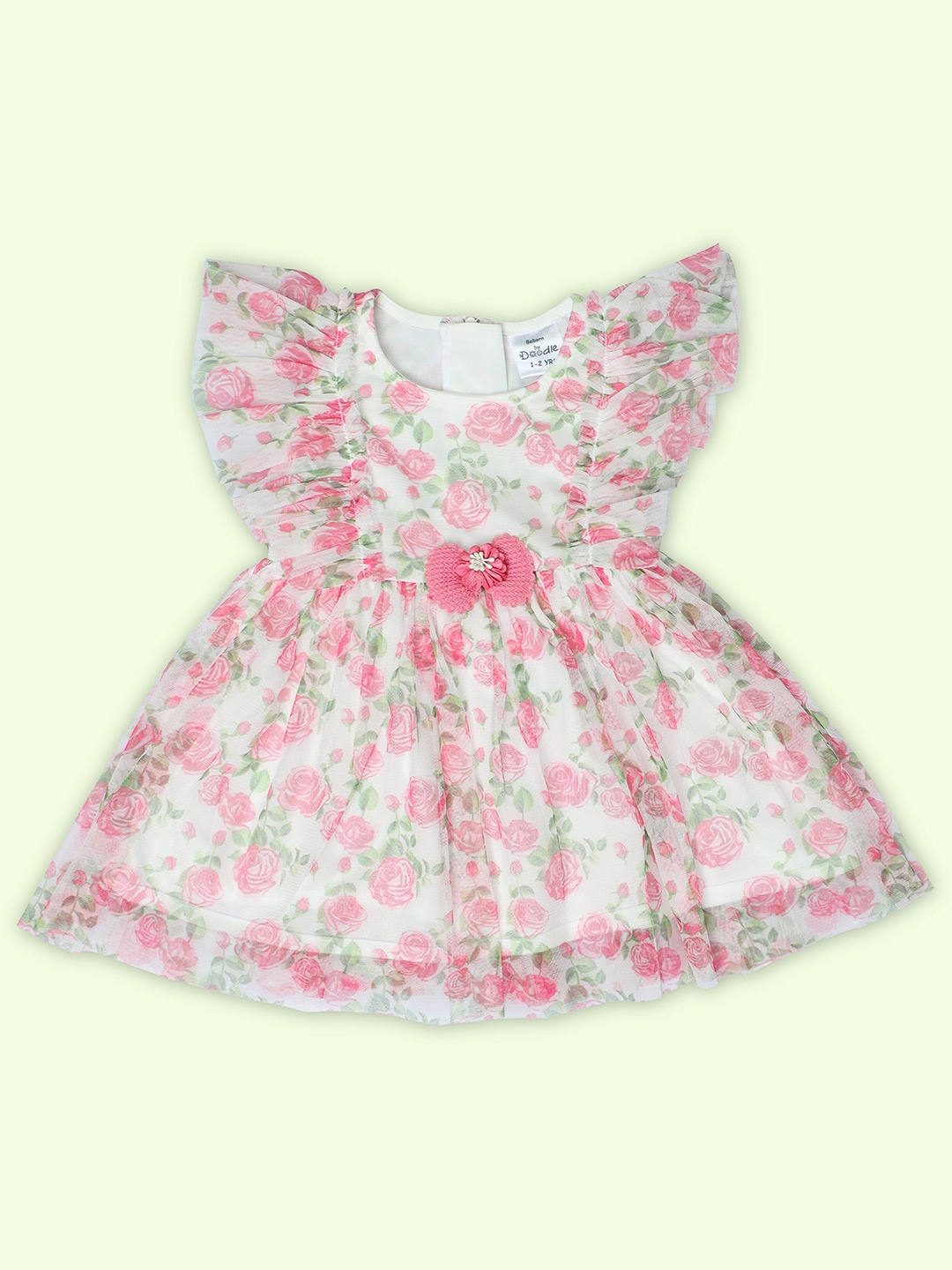 

Doodle Girls Floral Printed Flutter Sleeves Gathered Detail Net Fit & Flare Dress, White