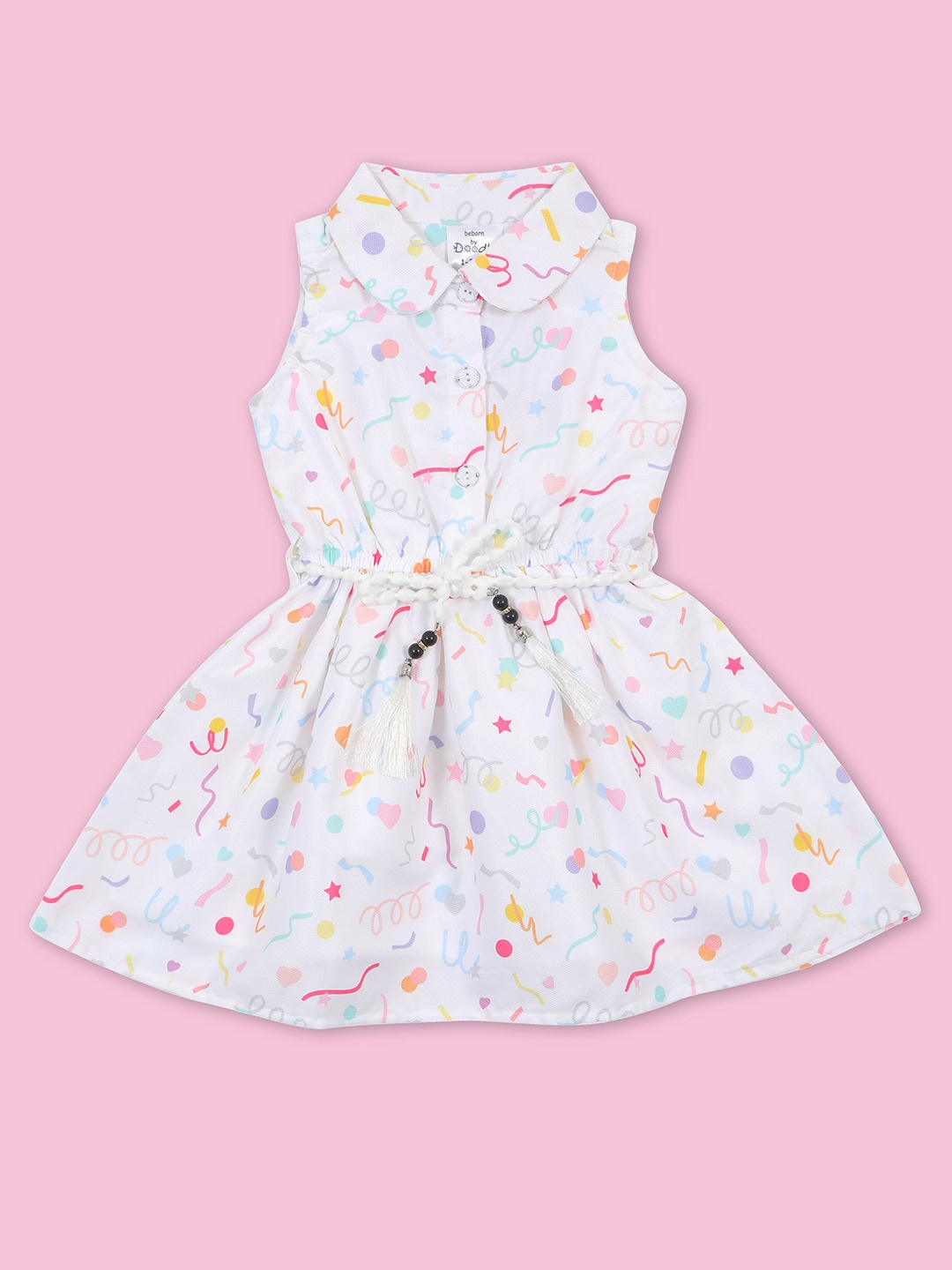 

Doodle Girls Abstract Print Peter Pan Collar Sleeveless Satin Fit & Flare Dress, White