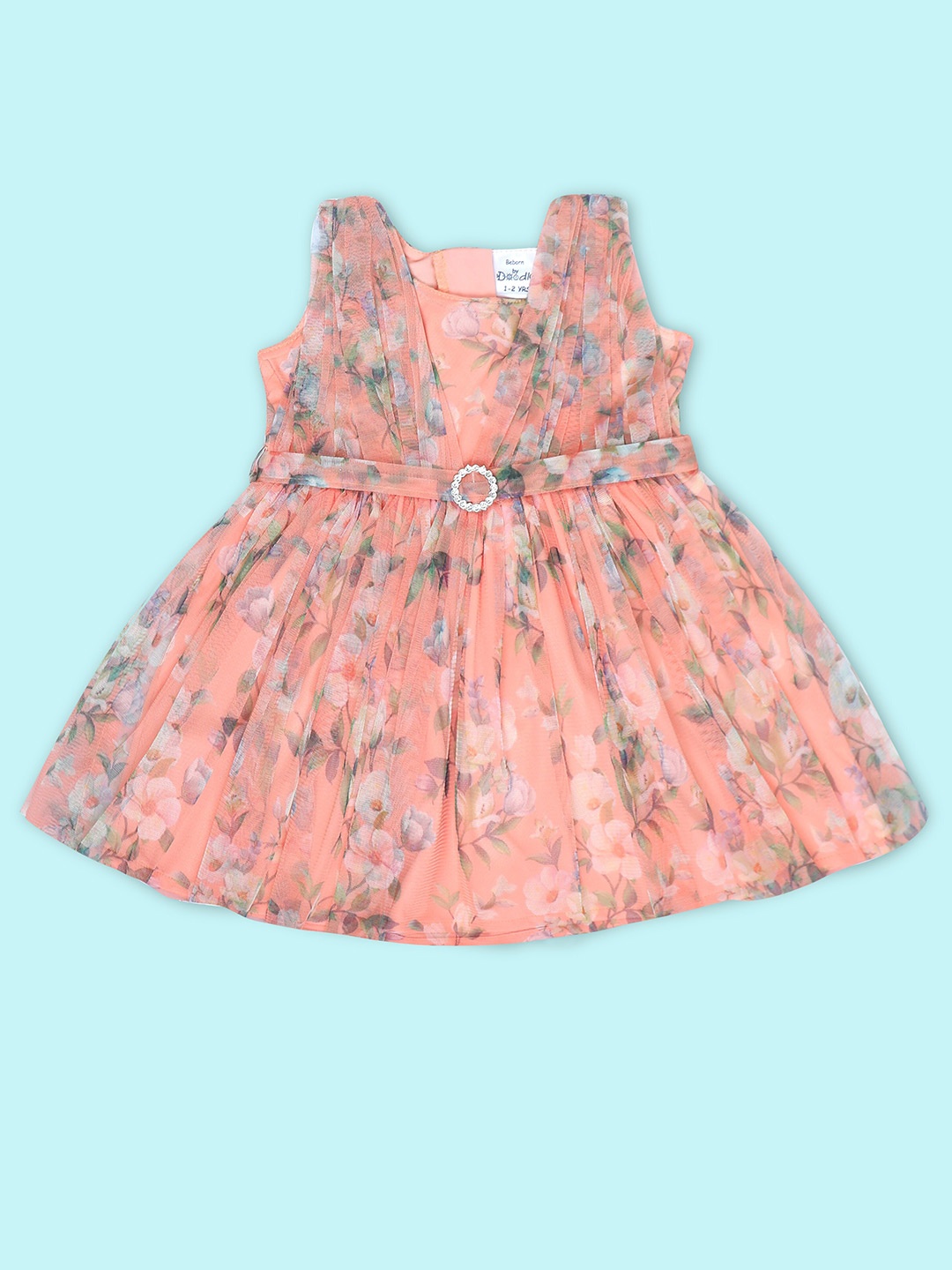 

Doodle Girls Floral Printed Sleeveless Belted Detail Net Fit & Flare Dress, Coral