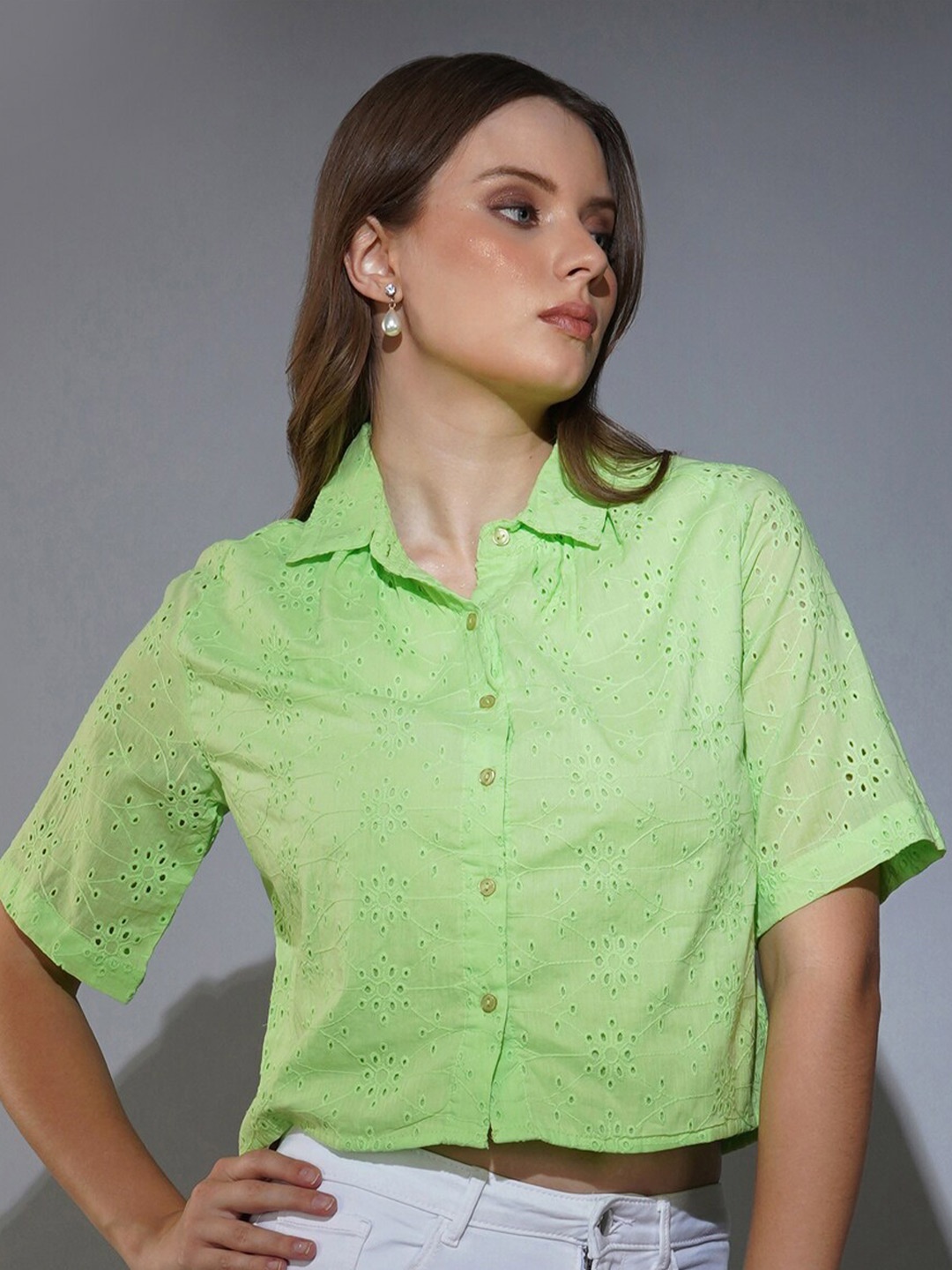 

DELAN Floral Self Design Cotton Shirt Style Crop Top, Green