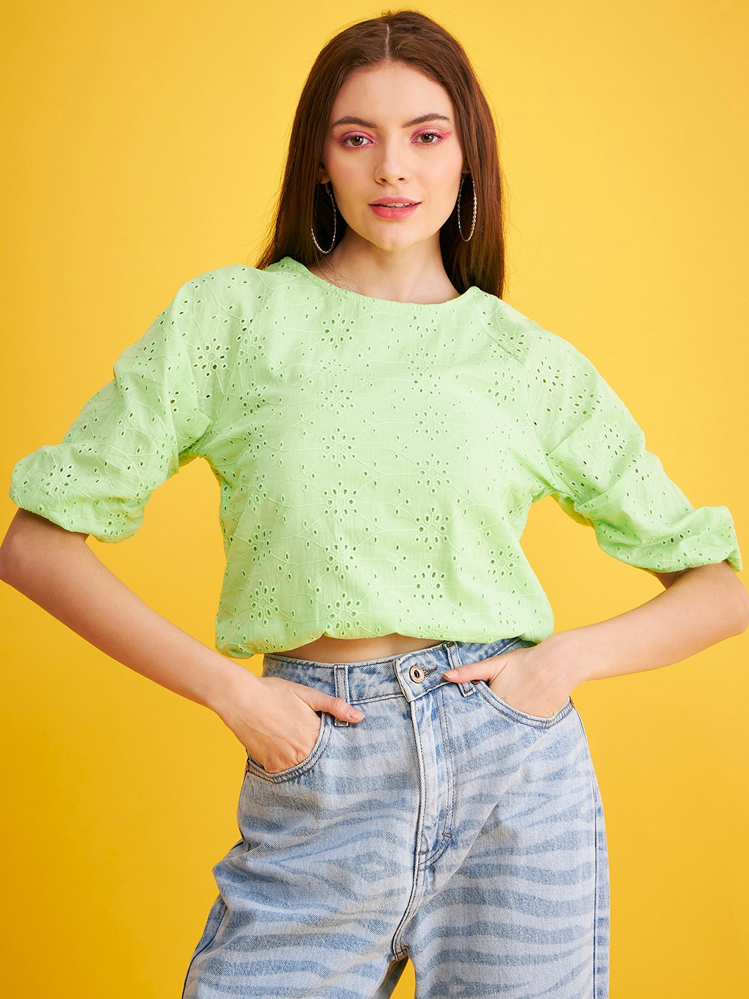 

DELAN Self Design Twisted Round Neck Cotton Schiffli Crop Top, Green