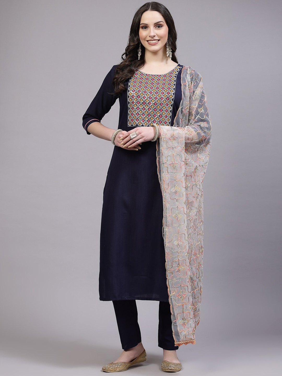 

BAESD Women Yoke Design Regular Sequinned Kurta with Trousers & With Dupatta, Blue