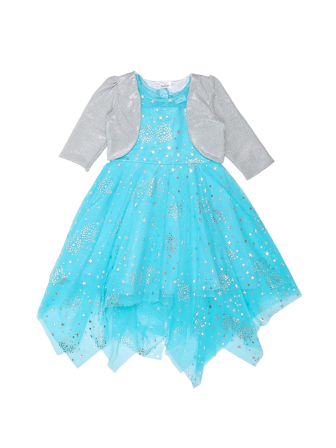 

Doodle Girls Embellished Net Fit & Flare Dress with Shrug, Blue