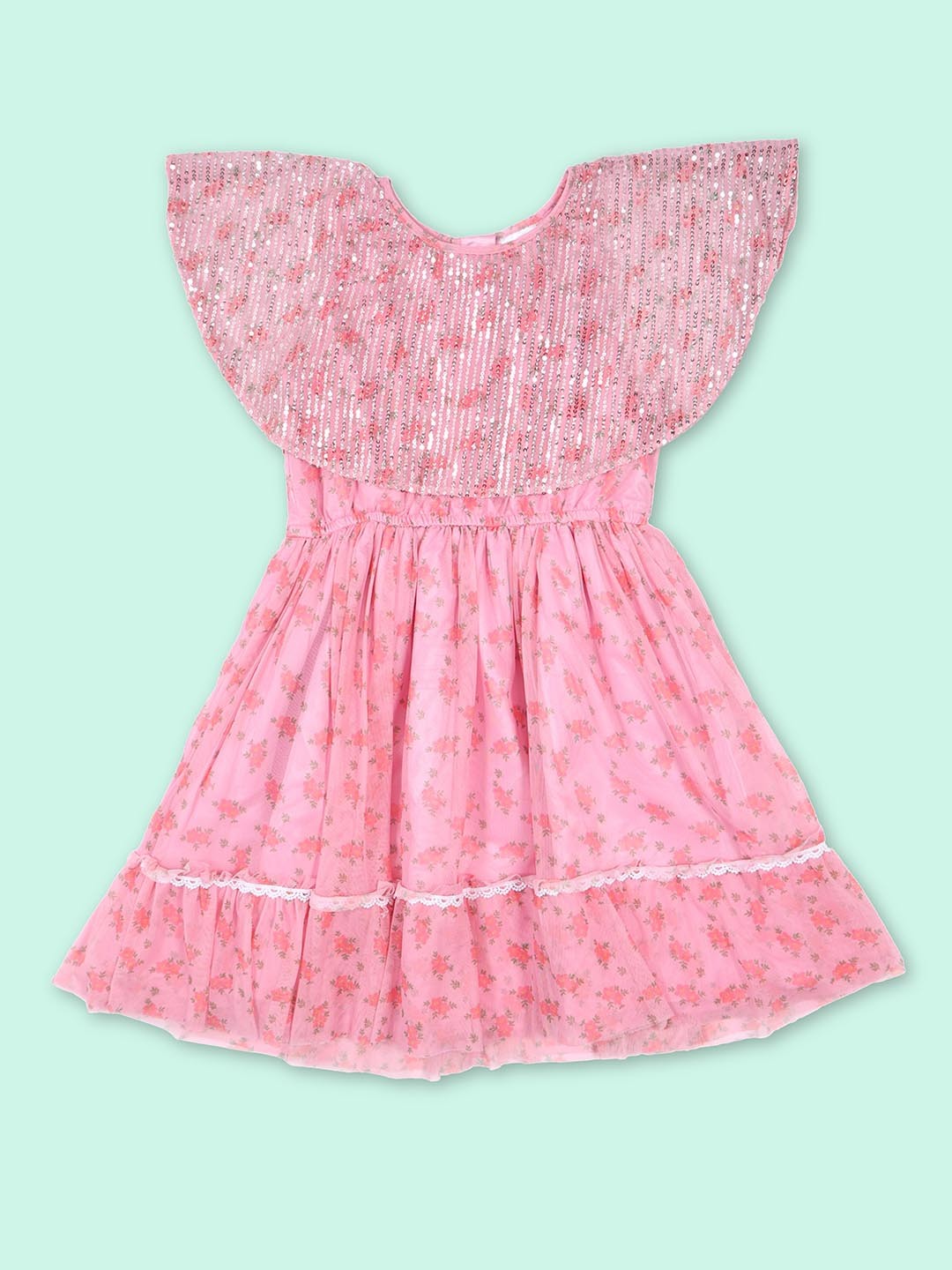 

Doodle Girls Floral Print Flared Sleeves Net Fit & Flare Dress, Pink