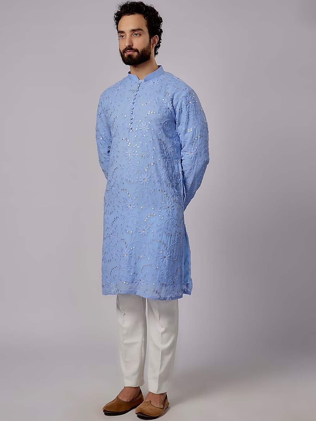 

sven suits Men Floral Embroidered Regular Sequinned Dupion Silk Kurta with Pyjamas, Blue