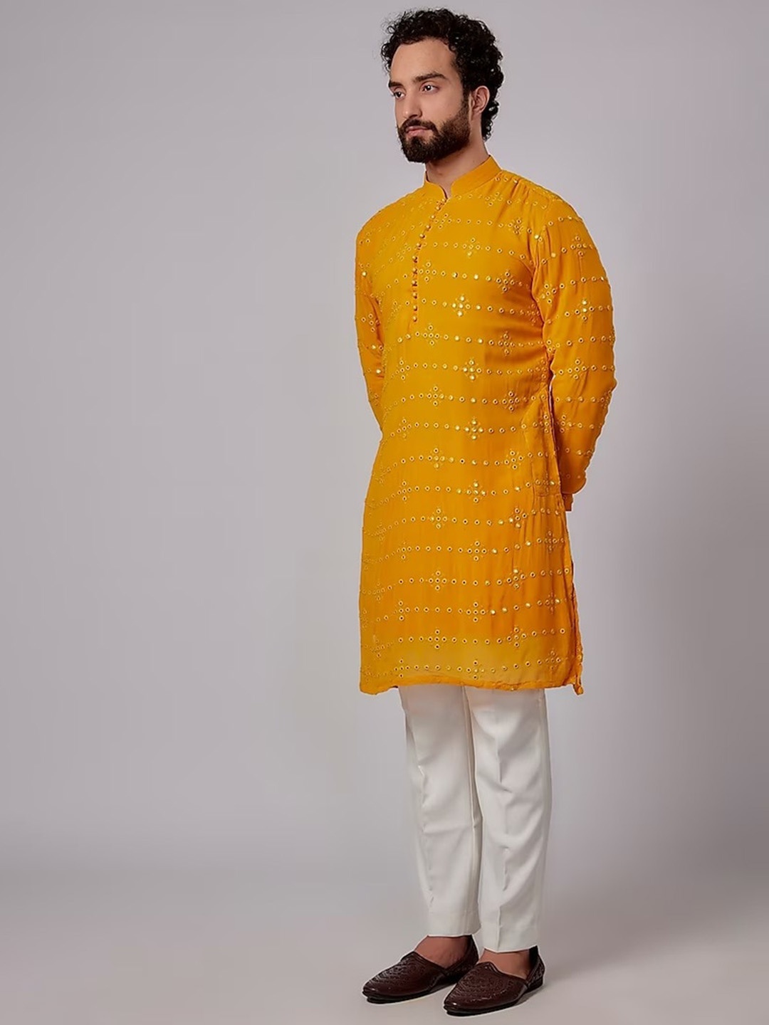 

sven suits Men Embroidered Regular Mukaish Dupion Silk Kurta with Pyjamas, Yellow
