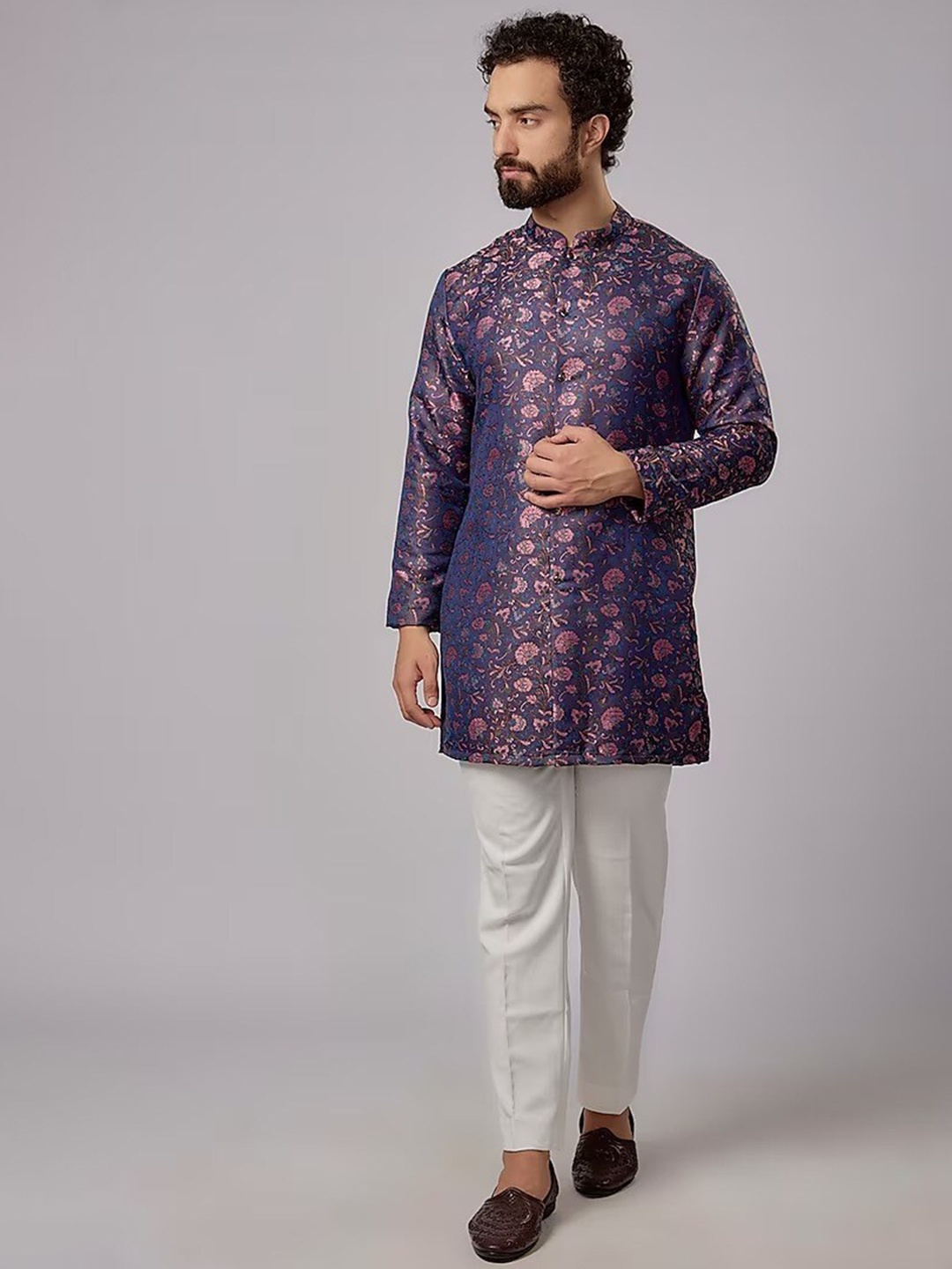 

sven suits Men Floral Printed Regular Dupion Silk Kurta with Pyjamas, Purple