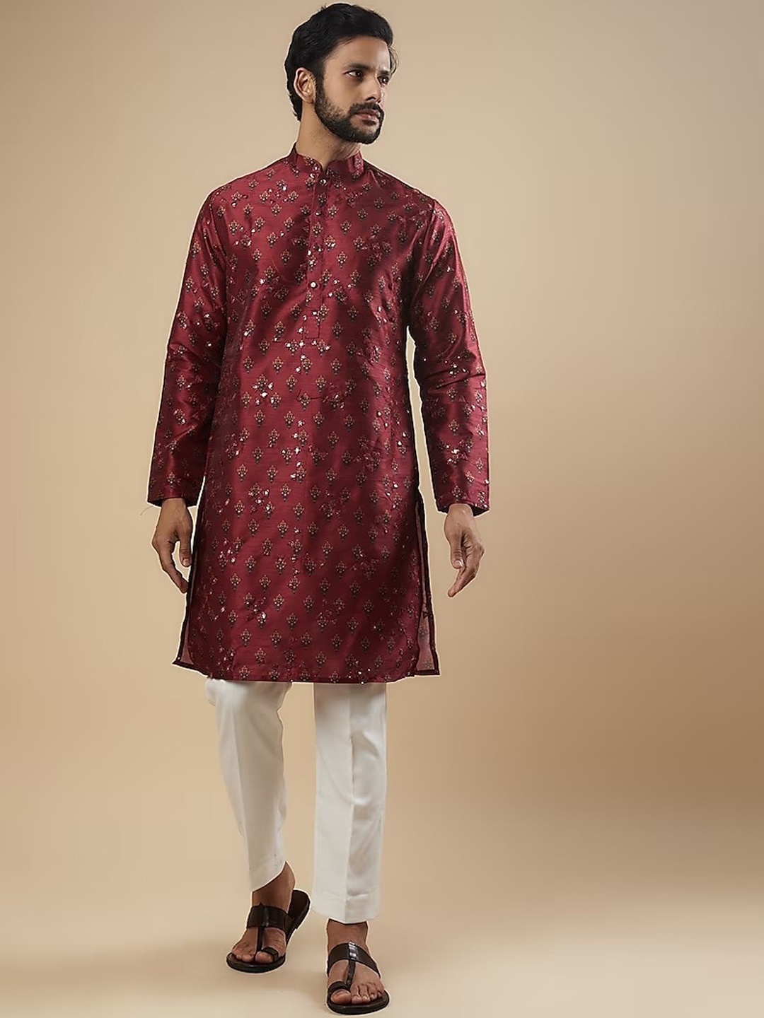 

sven suits Men Floral Embroidered Regular Sequinned Dupion Silk Kurta with Pyjamas, Maroon