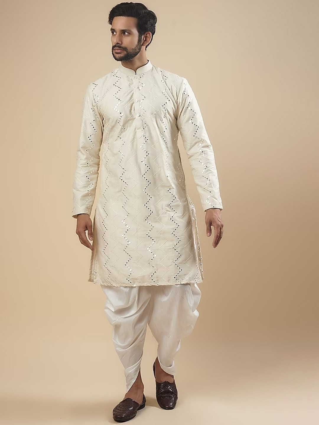 

sven suits Men Embroidered Regular Mukaish Silk Crepe Kurta with Dhoti Pants, Cream