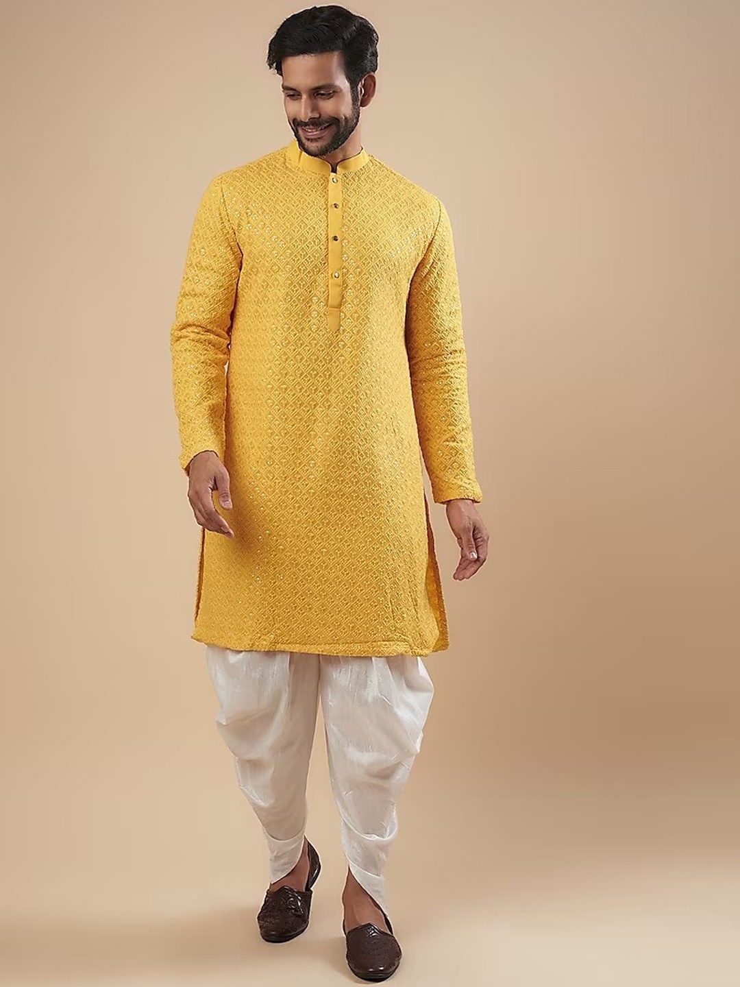 

sven suits Men Floral Embroidered Regular Silk Crepe Kurta with Dhoti Pants, Yellow