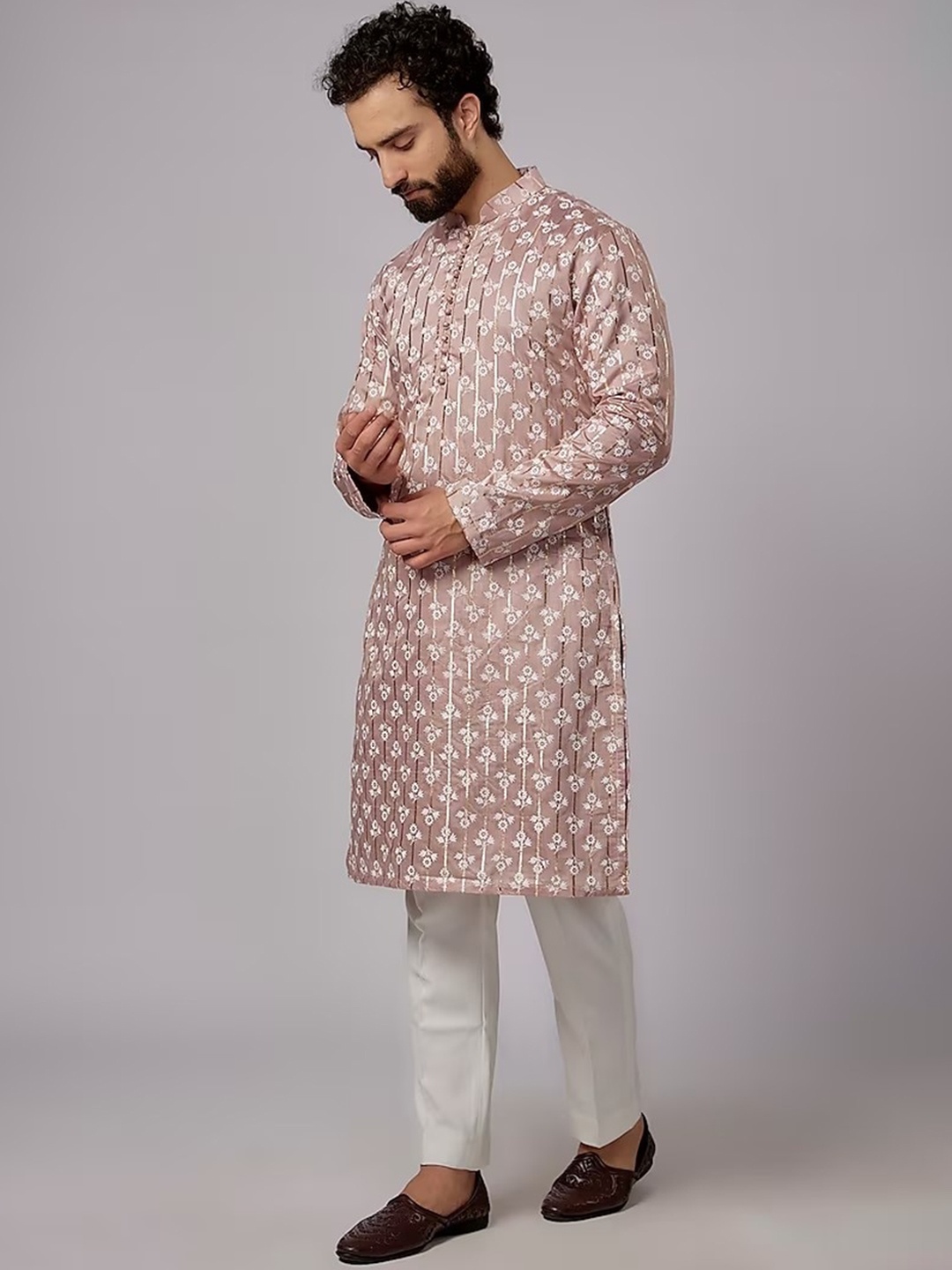 sven suits Men Floral Embroidered Regular Thread Work Dupion Silk Kurta with Pyjamas, Pink