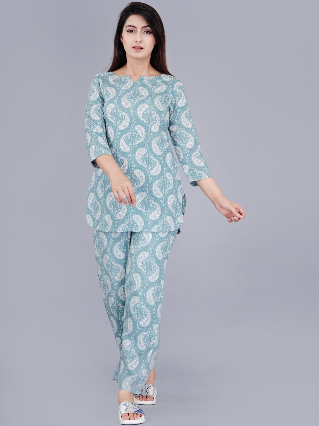 

TREND ME Ethnic Motifs Printed Round Neck Night suit, Blue