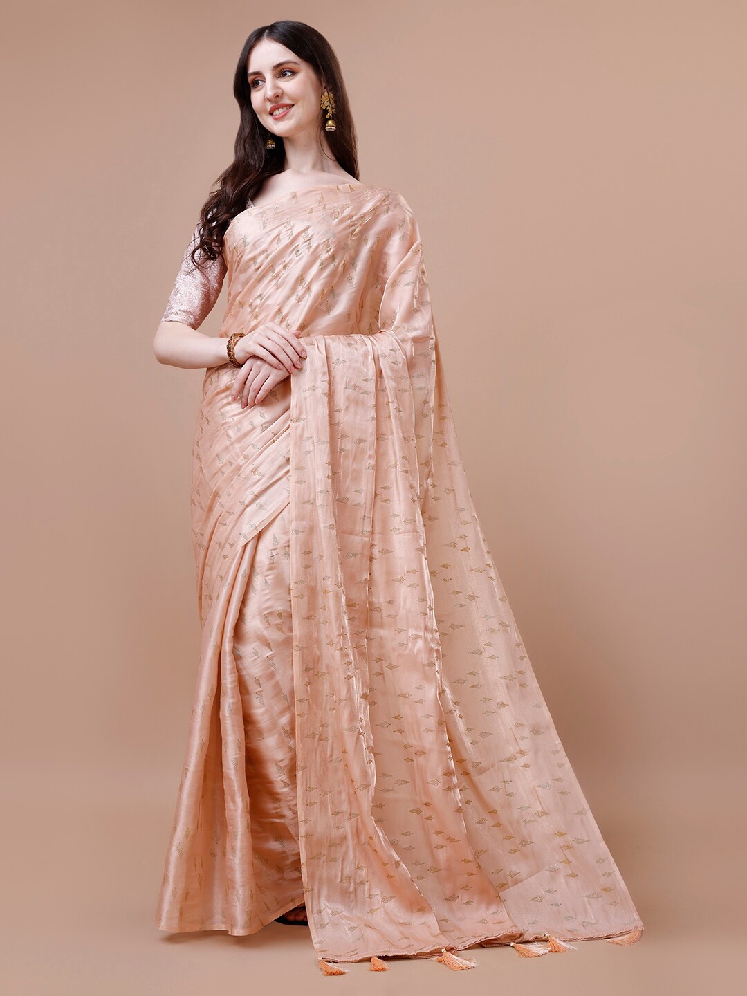 

VIRICA Ethnic Motifs Embroidered Satin Saree, Beige