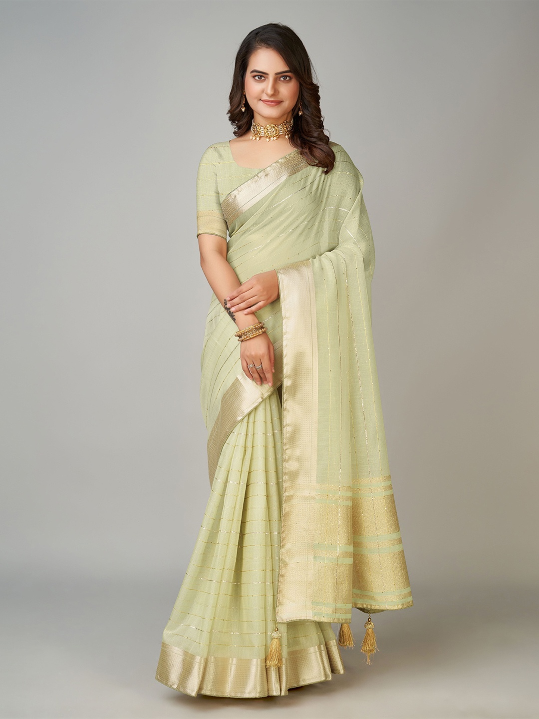 

VIRICA Striped Zari Pure Linen Saree, Green